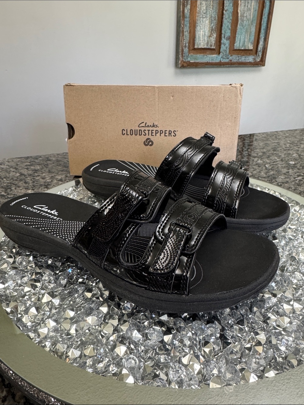Clarks Black Patent Double Strap Cloudsteppers Slide Sandals NEW 9